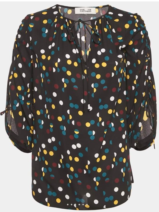 Diane Von Furstenberg Tops - Diane Von Furstenberg Black Polka Dot Print Crepe Blouson Sleeve Top - Size S